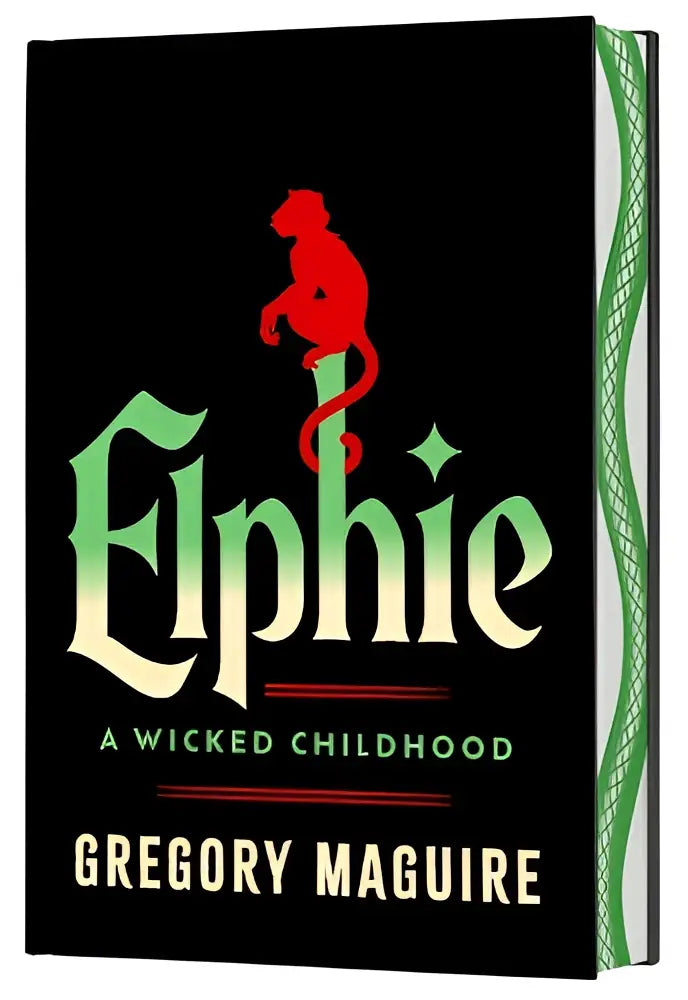 Zwarte hardcover boek elphie deluxe limited edition met rode monkiersilhouet en ondertitel een kwaadwillige jeugd van gregory maguire