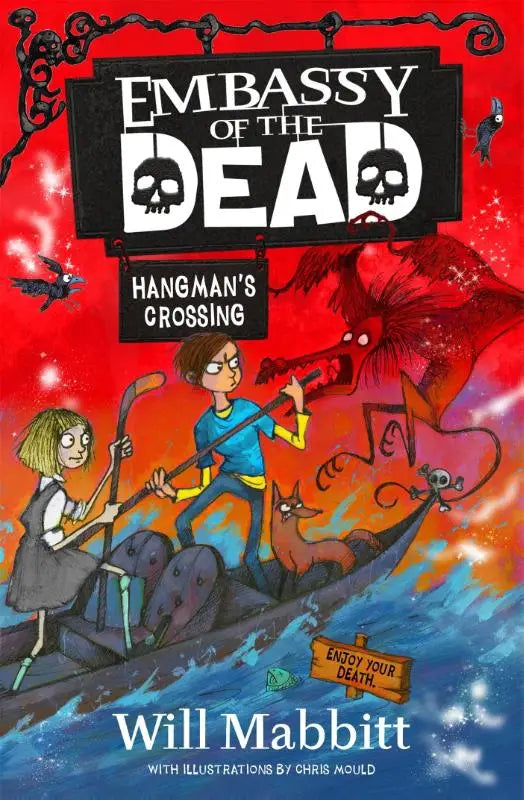 The vibrant red and black book cover of embassy of the dead hangmans crossing boek 2 met cartoonillustraties voor jonge lezers
