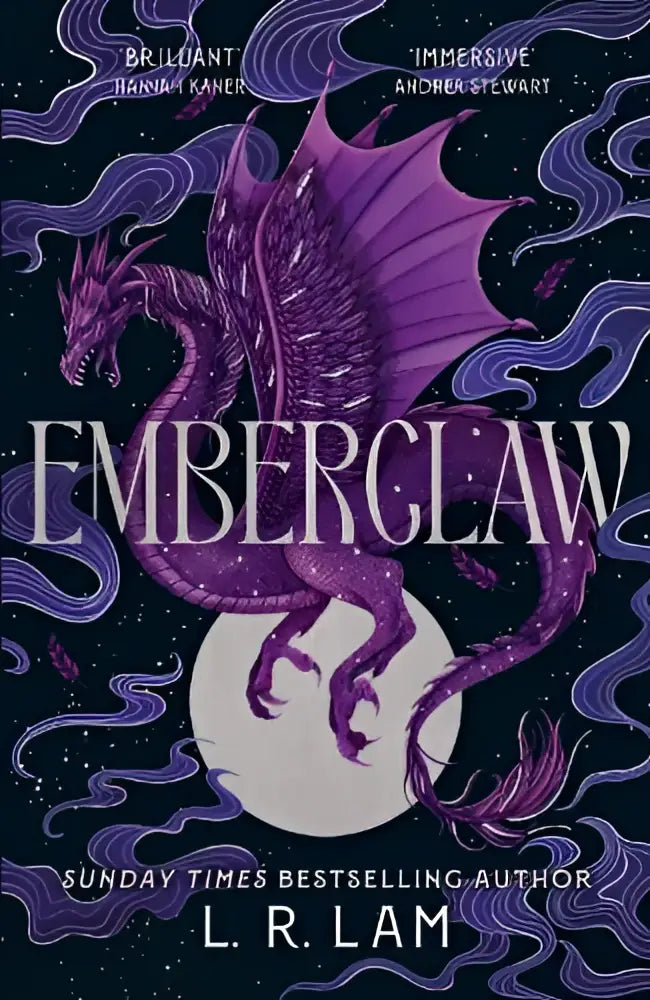 Cover of emberclaw featuring a purple dragon with intricate scales and wings against a starry sky, sequel to sunday times bestseller dragonfall