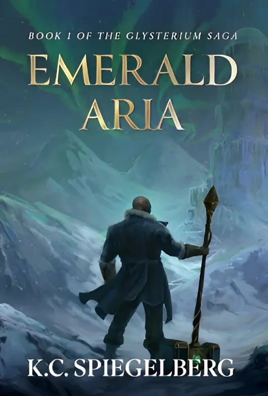 De boekomslag van emerald aria door k.c. uit the glysterium saga met groene en gouden tinten