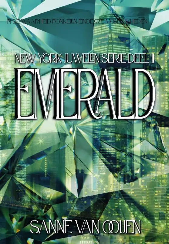 Boekomslag emerald met gedurfde witte letters tegen gebroken groen en blauw stedelijk new york juwelen design