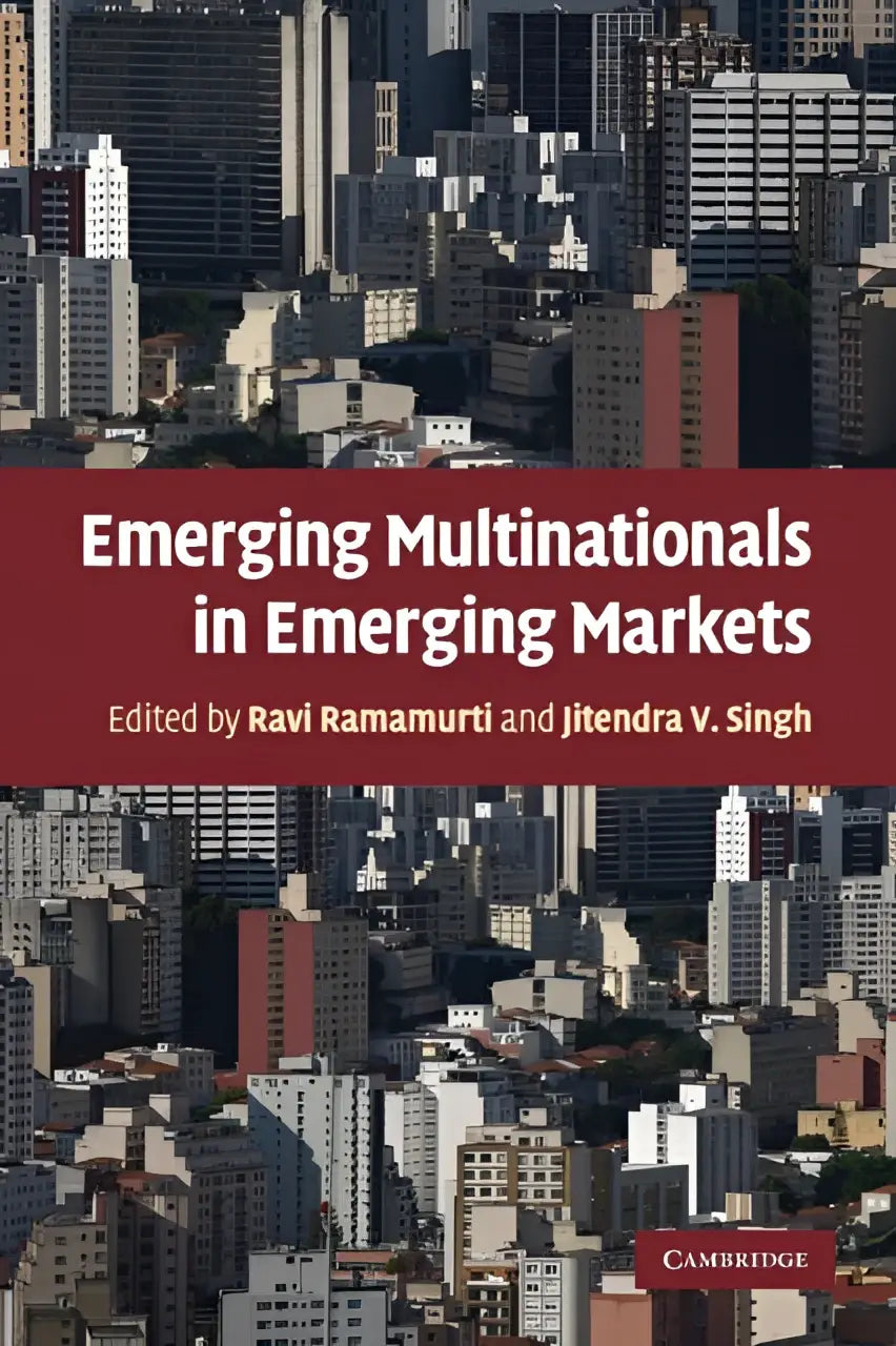 De boekcover toont een rode banner met witte tekst over emerging multinationals in emerging markets voor international business