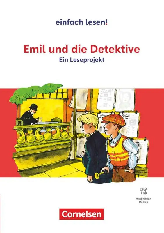 De kleurrijke omslag van het kinderboek emil und die detektive van cornelsen met twee jongens in detectivekleding en een man achter de toonbank voor het arbeidsbuch mit lösungen