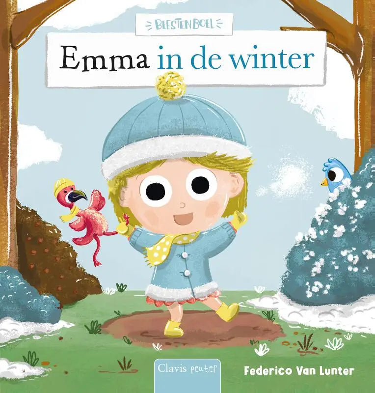 Emma in de winter toont een vrolijk cartoon meisje in een lichtblauwe winterjas met gele stippen sjaal voor jonge lezers