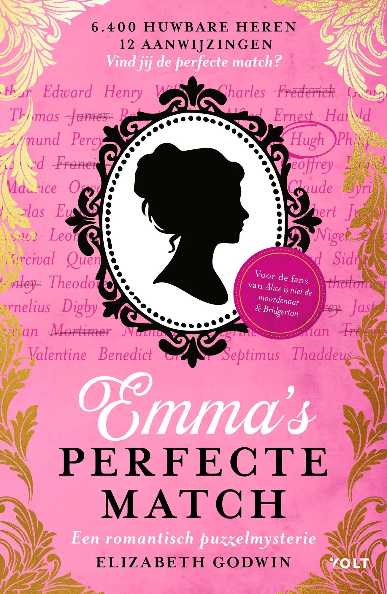 Pink boekomslag met elizabeth godwin’s emma’s perfecte match toont zwart-wit vrouwenprofiel en gouden sierrand