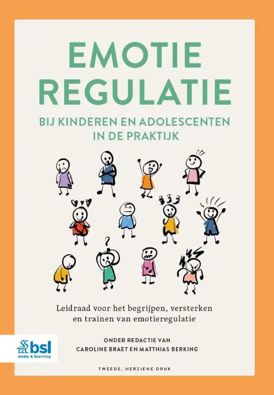 Boekcover emotie regulatie met witte achtergrond en illustraties van jonge lezers in diverse emoties