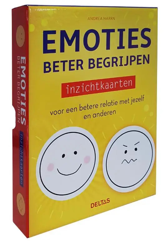 Gele begrijpend inzichtkaarten met rood boekrug en blauwe titel, met twee witte gezichtsillustraties op de voorkant
