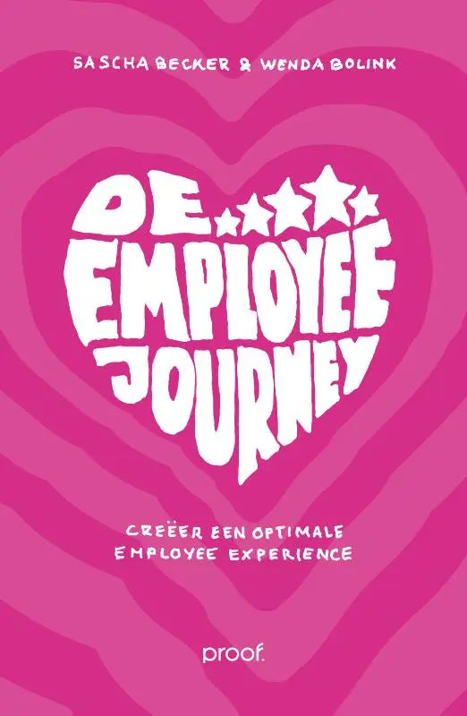 Roze boekomslag met wit hartvormig ontwerp en de titel de employee journey in vet, ontworpen door sascha becker en wenda bolink