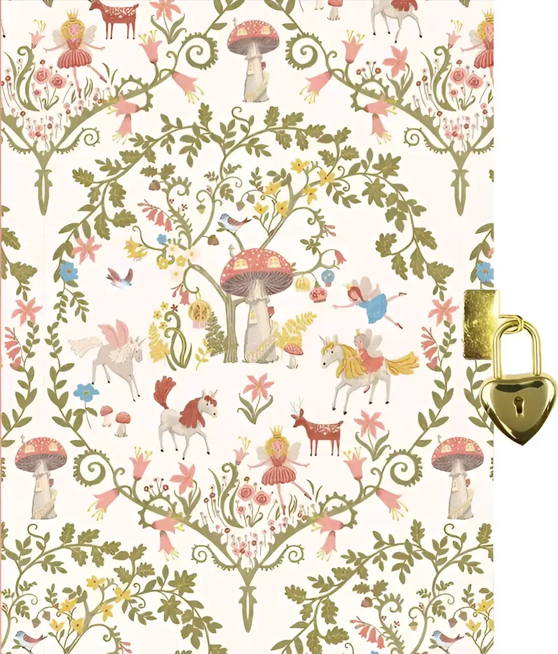 Een cream-kleurig enchanted forest locking journal met een bosdecor van feeën, eenhoorns, paddenstoelen en herten