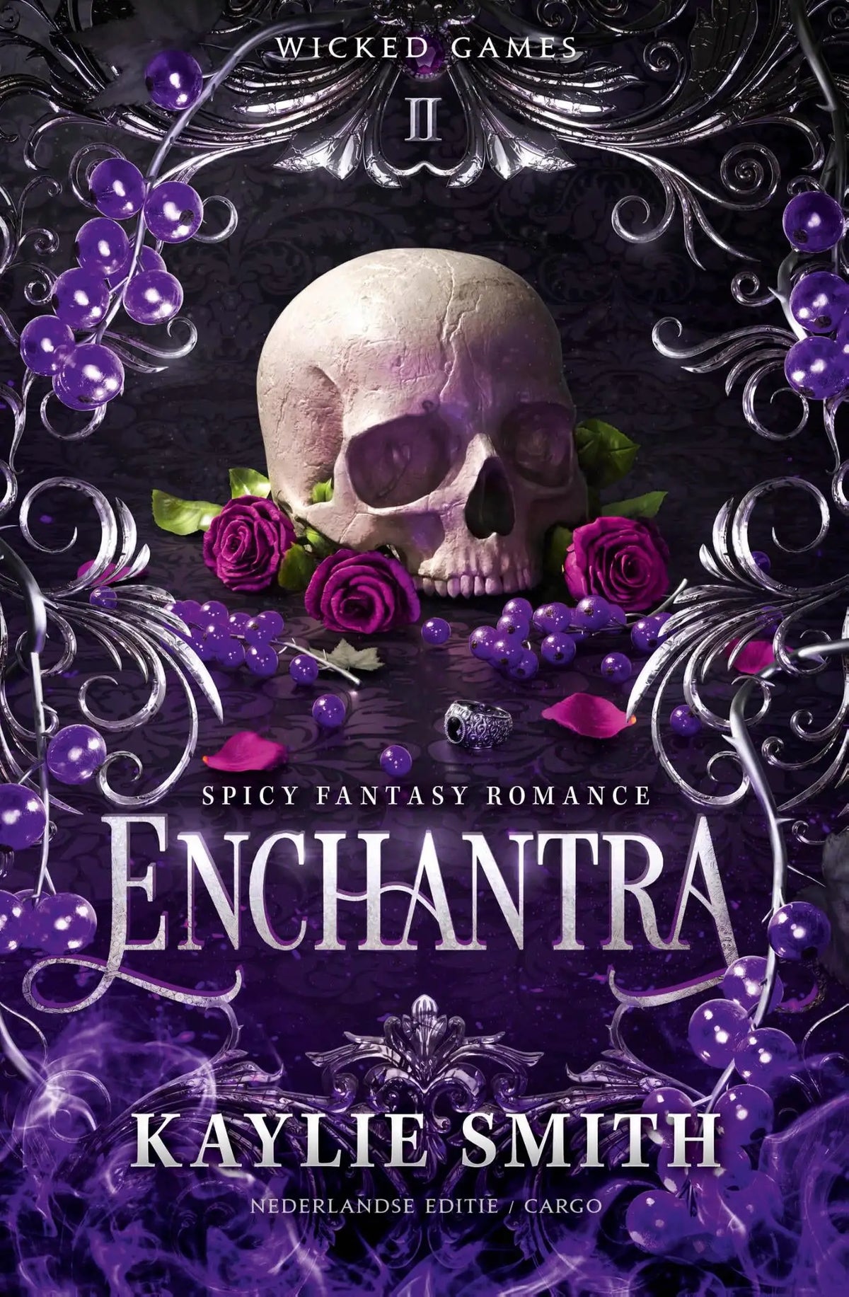 A pale textured human skull with deep purple roses and glossy berries on a dark background for enchantra by kaylie smith