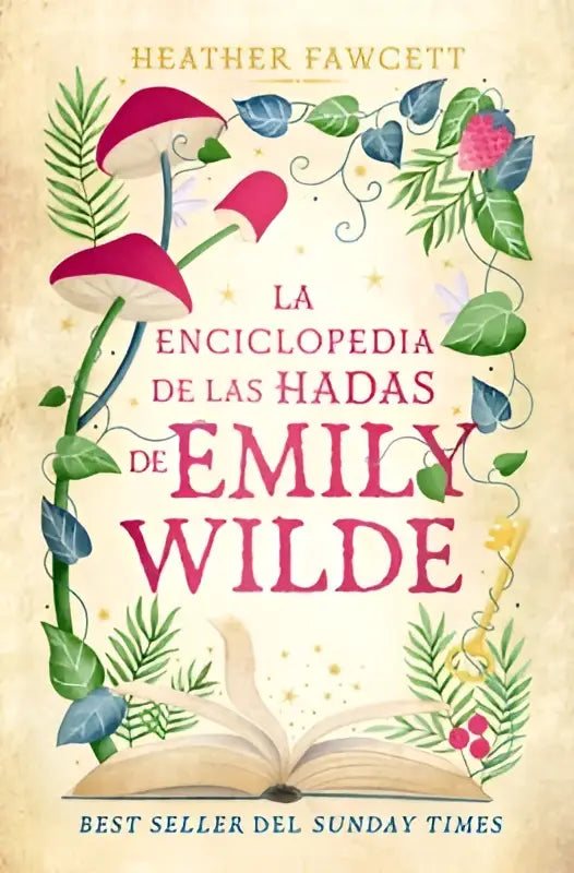 De enciclopedia de hadas de emily wilde toont een kleurrijke omslag met rode paddenstoelen en groene bladeren
