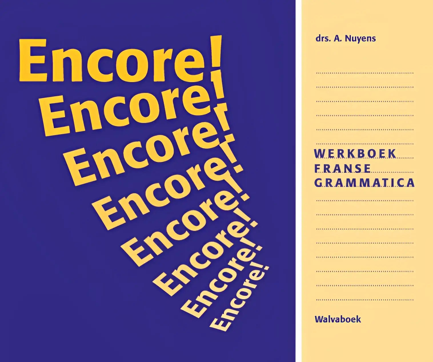 Blauw en geel frans grammatica werkboek met gedurfde schuine tekst encore voor taalleerdoeleinden