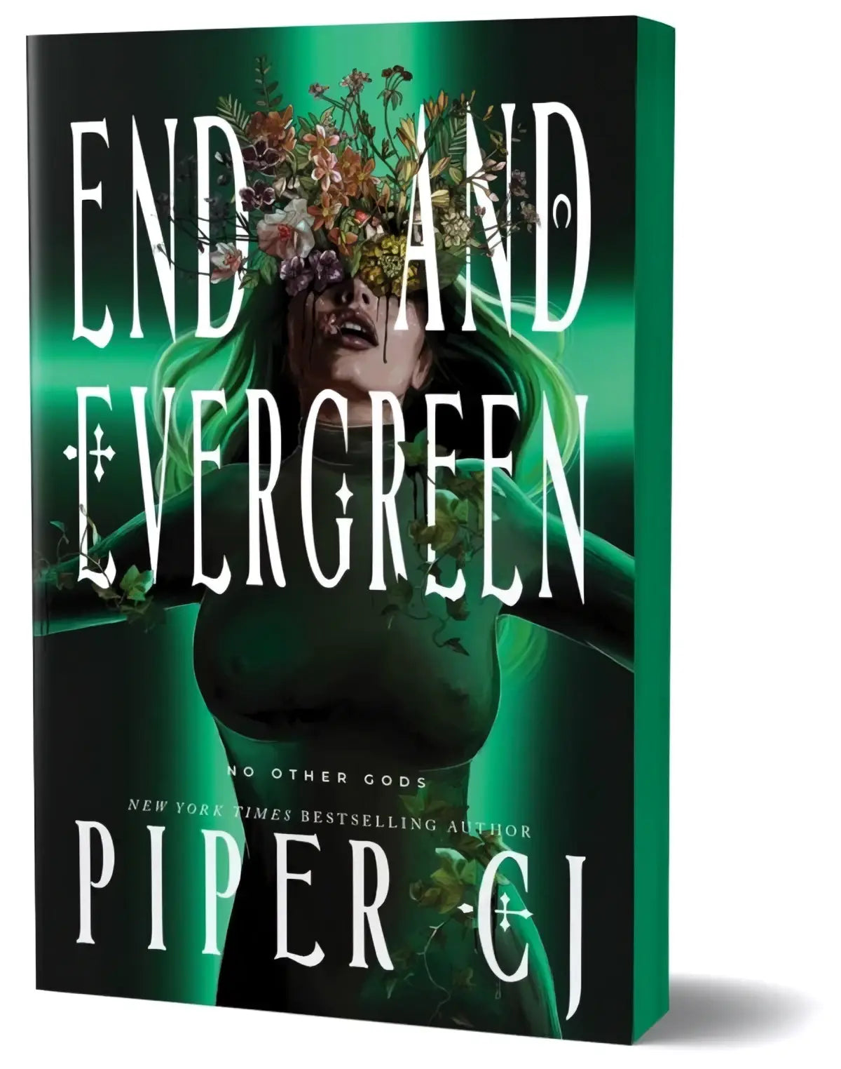 Green hardcover special edition book end and evergreen by piper ej with cover illustration of woman with flowers in hair