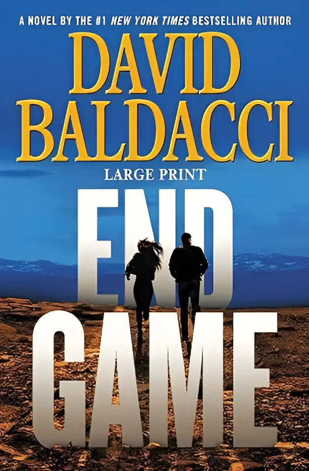 Grote letter paperbackroman end game van david baldacci met witte letters en blauwe lucht op de cover