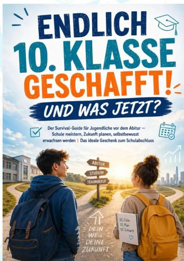 Een kleurrijke poster van twee leerlingen bij een wegwijzer met een stedelijk uitzicht het ideale geschenk om school te meistern