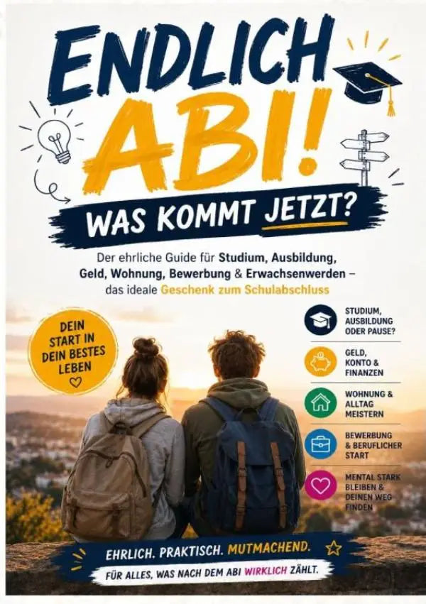 De poster van endlich abi het ideale geschenk toont blauwe en gele tekst met een afstudeerhoed en twee personen met rugzakken