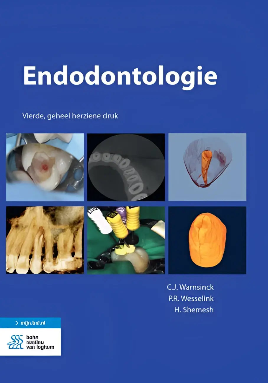 Blauw boekendeksel endodontologie van bsl media met zes tandheelkundige afbeeldingen voor algemene onderwerpen