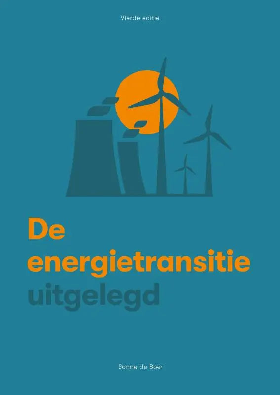 De energietransitie uitgelegd boek met teal achtergrond, oranje zon en windturbines bij koeltorens over duurzame energiebronnen