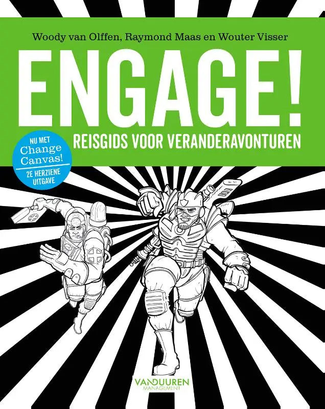 Groene boekcover van engage reisgids met gedurfd wit tekst engage en futuristische zwart-wit lijntekeningen