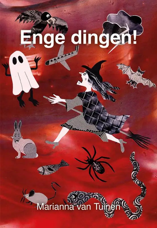 De cover van het kinderboek enge dingen door marianna van tuyen toont zwart-wit cartoonfiguren op een rode achtergrond geschikt voor jonge lezers