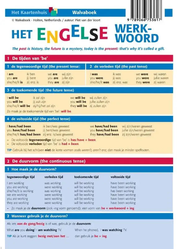 Het engelse werkwoord educatieve uitgaven algemeen workbook pagina met kleurrijke secties over werkwoordstijden in het Nederlands en Engels