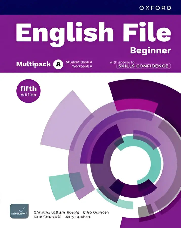 Cover van oxford english file 5th edition beginner student book en workbook multipack a met paars en teal geometrisch ontwerp