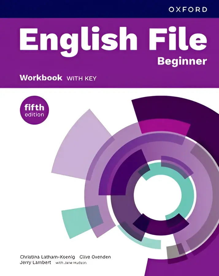 De oxford english file 5th edition beginner workbook met key toont een paars en groen cirkelontwerp op de voorkant