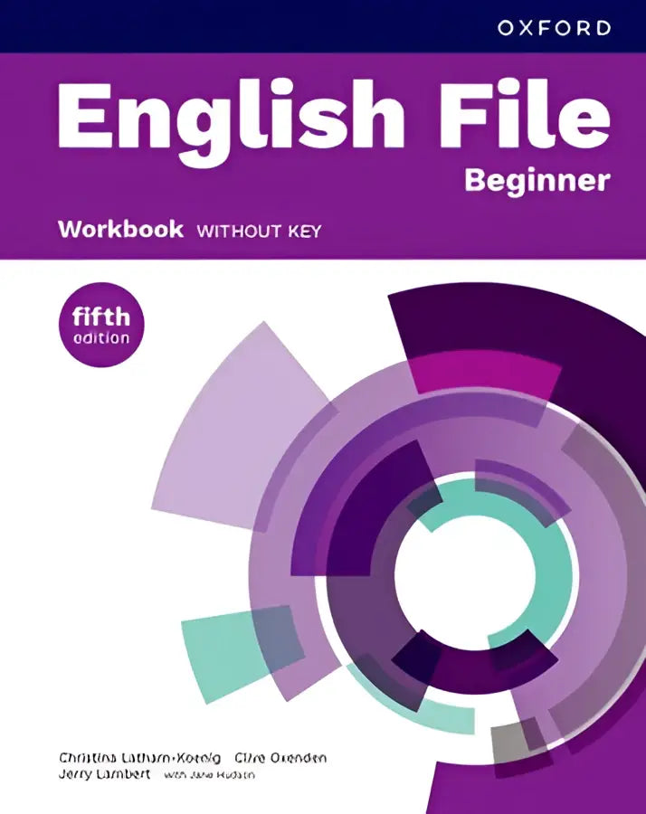 Paars en groen geometrisch ontwerp op de voorkant van english file 5th edition beginner workbook zonder sleutel