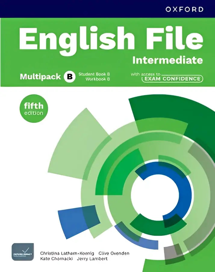 De cover van het oxford english file 5th edition intermediate student book en workbook multipack b met groenblauw cirkeldesign