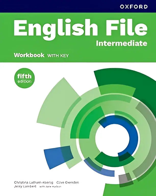 English file 5th edition intermediate workbook with key in green and blue geometric design for language learning