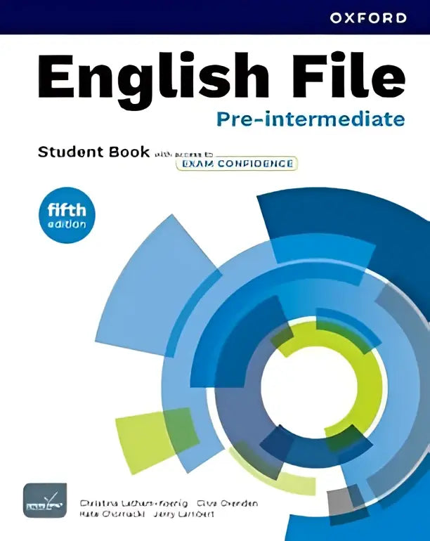 Oxford english file pre-intermediate student book fifth edition with blue green circular design and skills confidence access