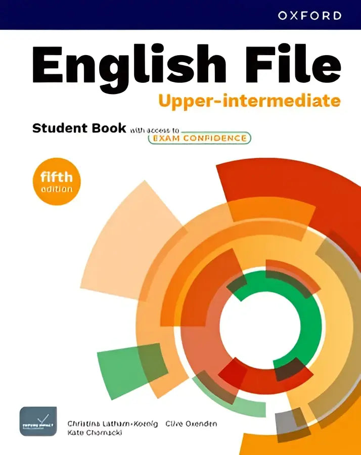 English file 5th edition upper-intermediate student book with exam booster featuring vibrant orange red green and beige circular design for exam confidence