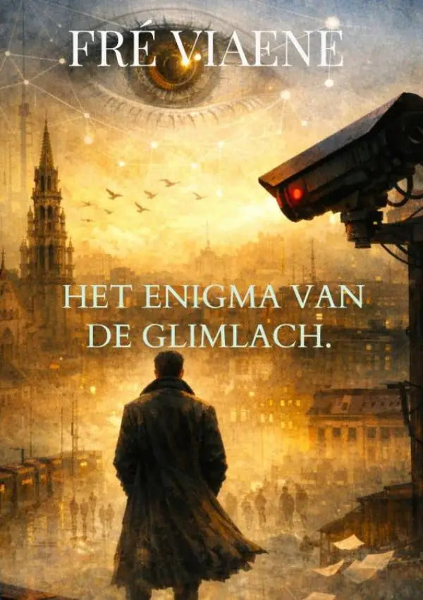 Een man in een donker, lang mantel staat met de rug naar de kijker op een mistige straat onder een gouden hemel
