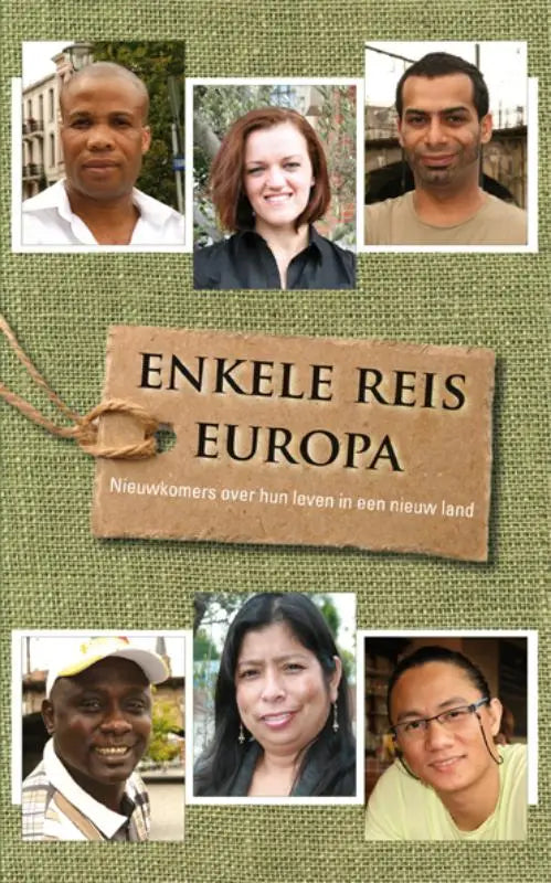 Bruine textuurlijke label met zwarte tekst enkele reis europa en kleinere tekst aan groene stoffen achtergrond