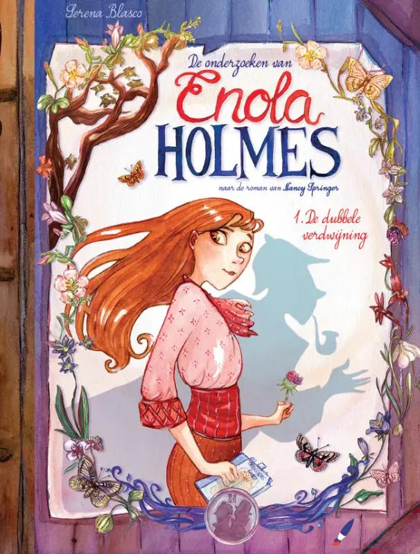 Een kleurrijke geïllustreerde cover van het boek enola holmes dubbele verdwijning met een roodharig meisje en bloemen