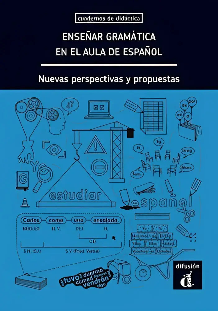 Blauwe geïllustreerde universitaire masters leerboekcover enseñar gramática en el aula de español met klassikale elementen