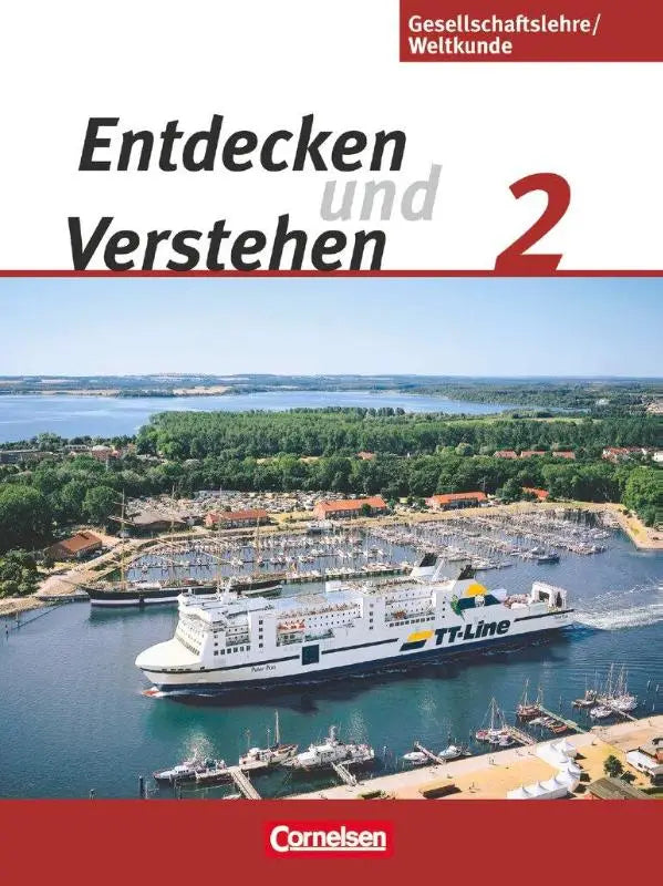 Wit en blauw tt-line veerboot met geel logo in haven bij groene bomen en boten voor gesellschaftslehre weltkunde ontdekken und verstehen