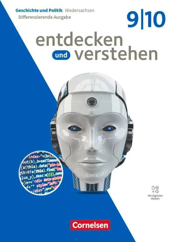 Witte robotkop met blauwe ogen en zwarte accenten in entdecken und verstehen band 3 geschichtsbuch
