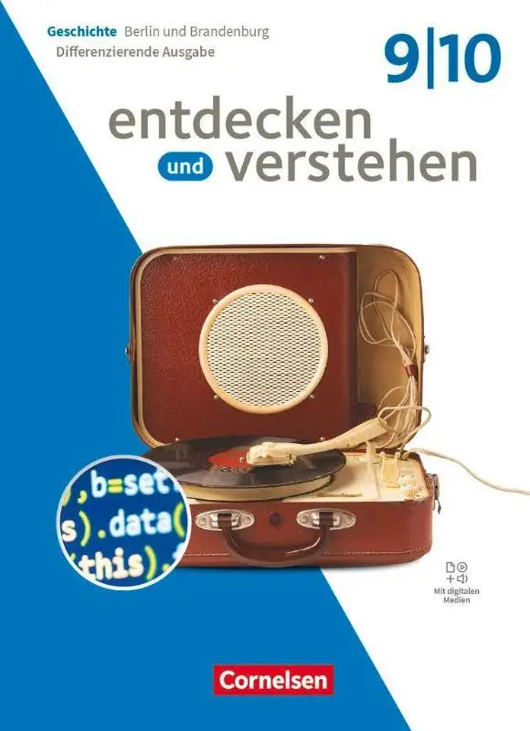Een vintage bruine koffer platenspeler met ronde luidspreker grille en zichtbare draaitafel voor ontdekken und verstehen geschichtsbuch
