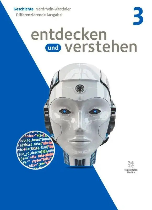 Wit robotisch hoofd met blauwe gloeiende ogen en zwarte accenten in geschichtsbuch entdecken und verstehen voor noordrhein-westfalen