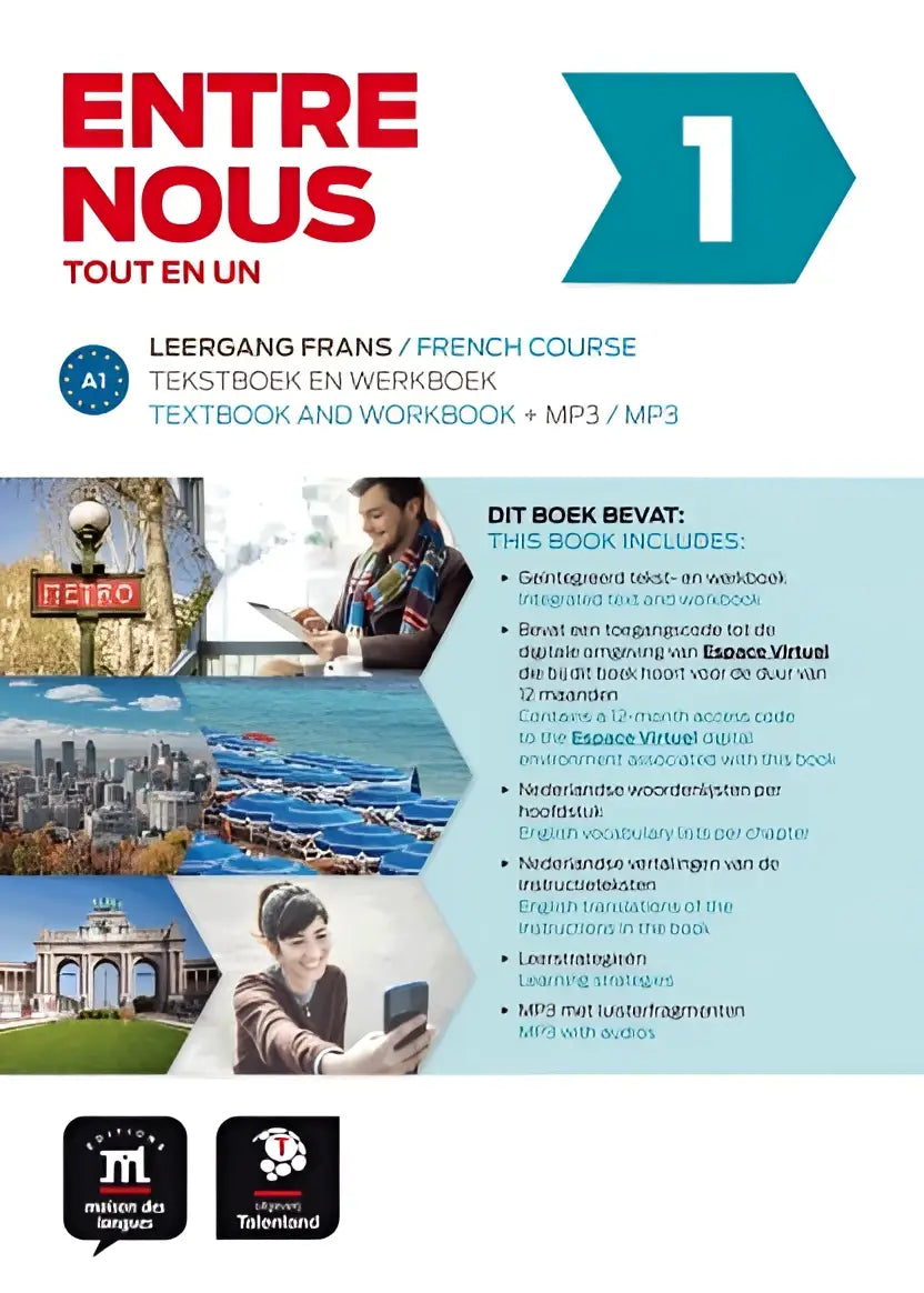 Entre nous 1 tout en un french course textbook and workbook in version talenland with bold red and teal design by uitgeverij talenland