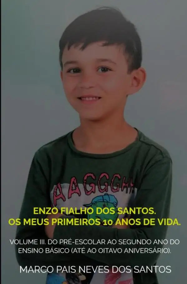 A young boy wearing a dark green long-sleeved t-shirt with colorful lettering in enzo fialho dos santos volume iii