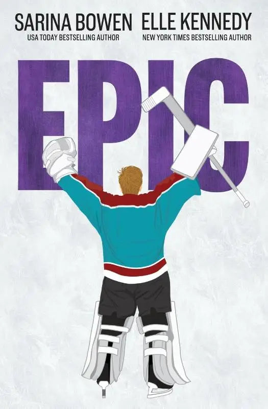 Een gestileerde illustratie van een hockeykeeper in teal en rood beschermmateriaal met een stick omhoog uit product epic, sarina bowen populaire him