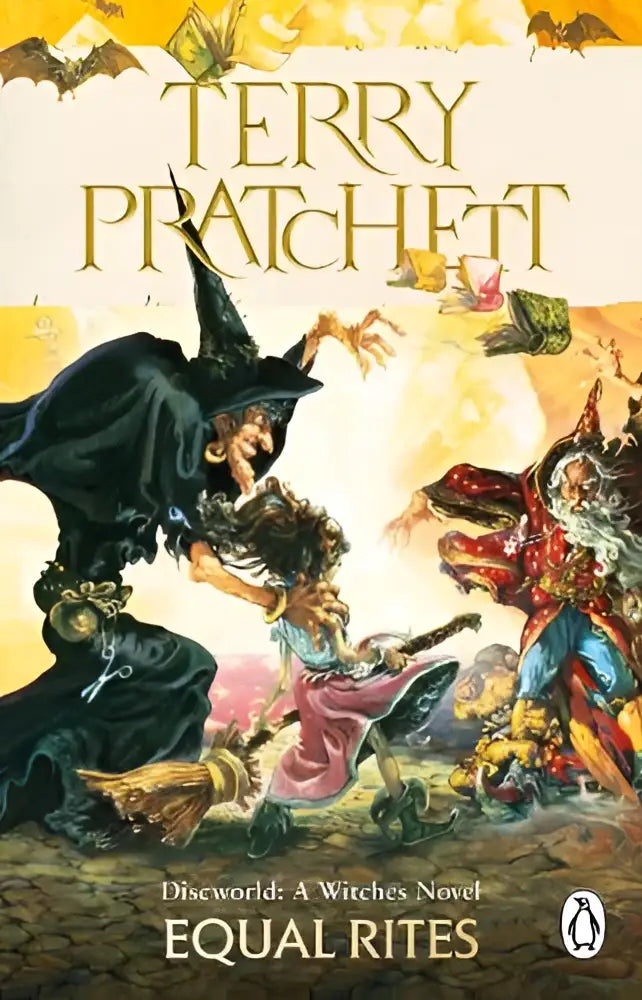 Cover van equal rites discworld novel 3 met dynamische illustratie van heks in zwarte mantel en vrouw in roze kleding