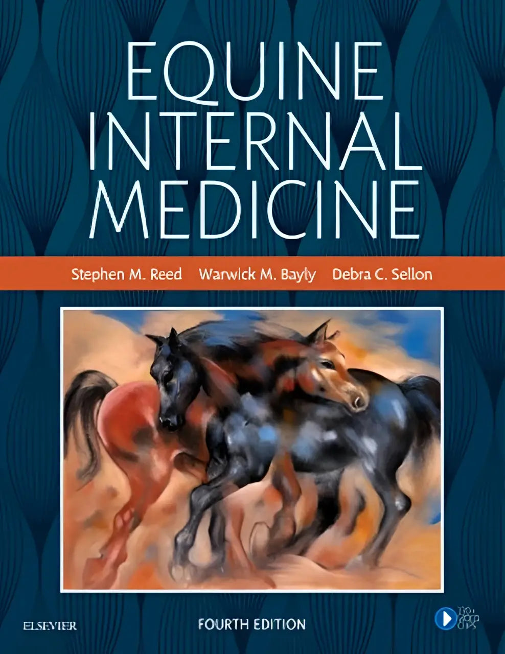 De cover van het elsevier boek equine internal medicine vierde editie toont een levendige schildering van drie paarden tegen een diepblauwe achtergrond