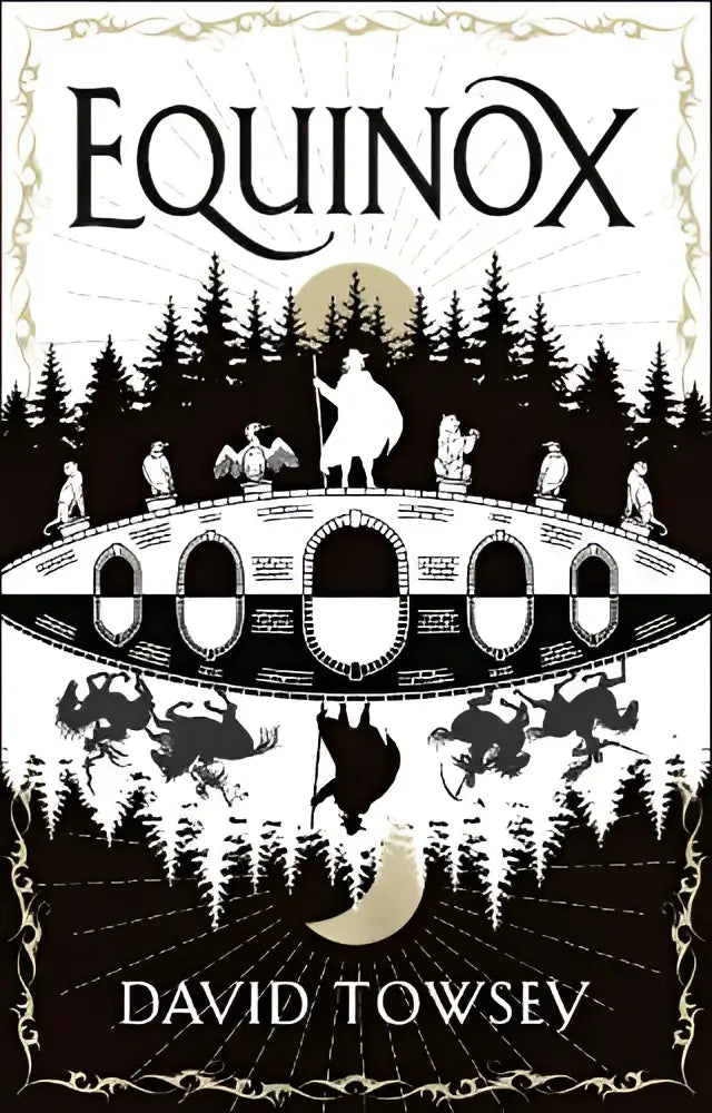Black and white illustrated book cover for equinox by david towsley featuring minimalist design for literary use
