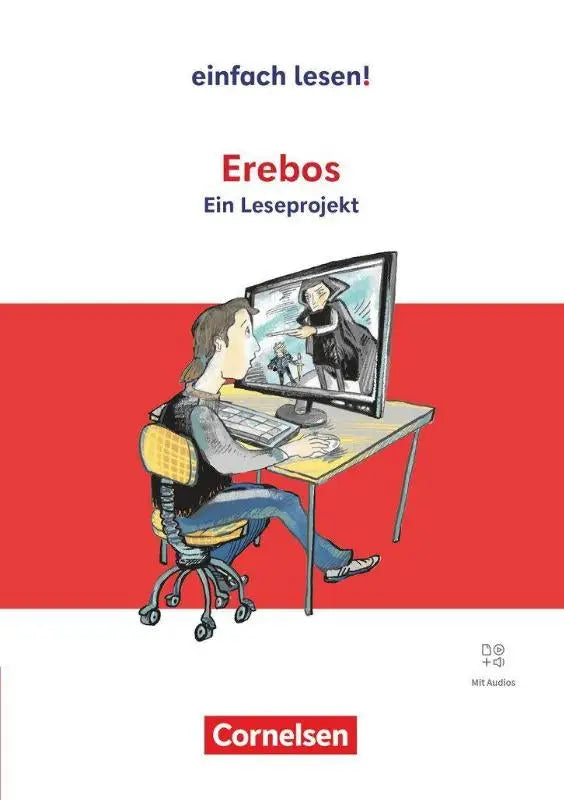 De cover van het duitse leerboek erebos een leesproject van cornelsen toont een cartoon met een persoon voor een oude computermonitor met een vampier eenvoudig lezen taalkundig vereenvoudigd ursula poznanski