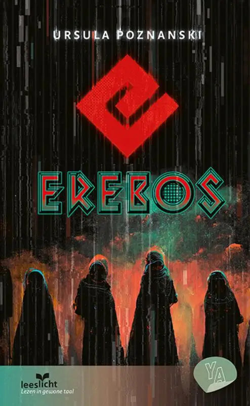 Stijlvol erybos logo in rood en teal op een donkere achtergrond met glitch-effect
