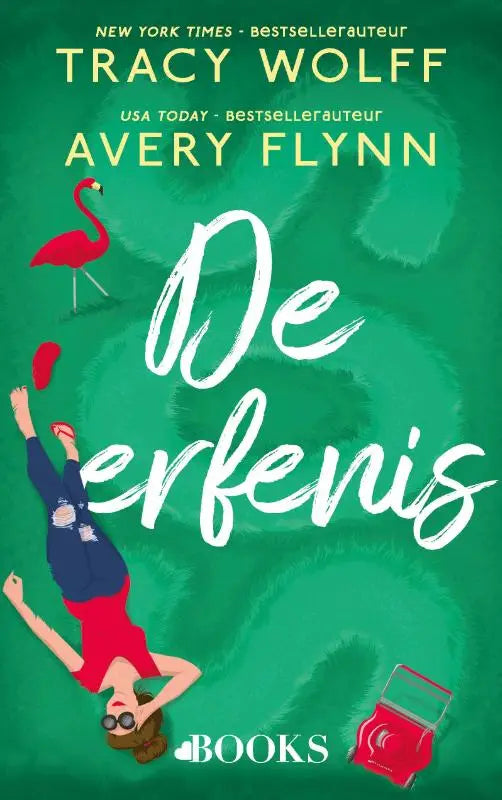 Groen boekcover van de erfenis met vrouw in rode shorts en blauwe top, roze flamingo en een kleine rode tas