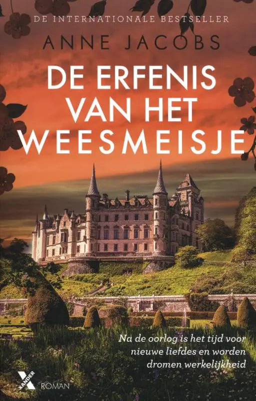 Boekcover van de roman de erfenis van het weesmeisje met een grote stenen kasteel en oranje lucht